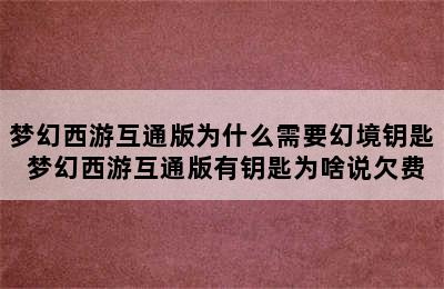 梦幻西游互通版为什么需要幻境钥匙 梦幻西游互通版有钥匙为啥说欠费